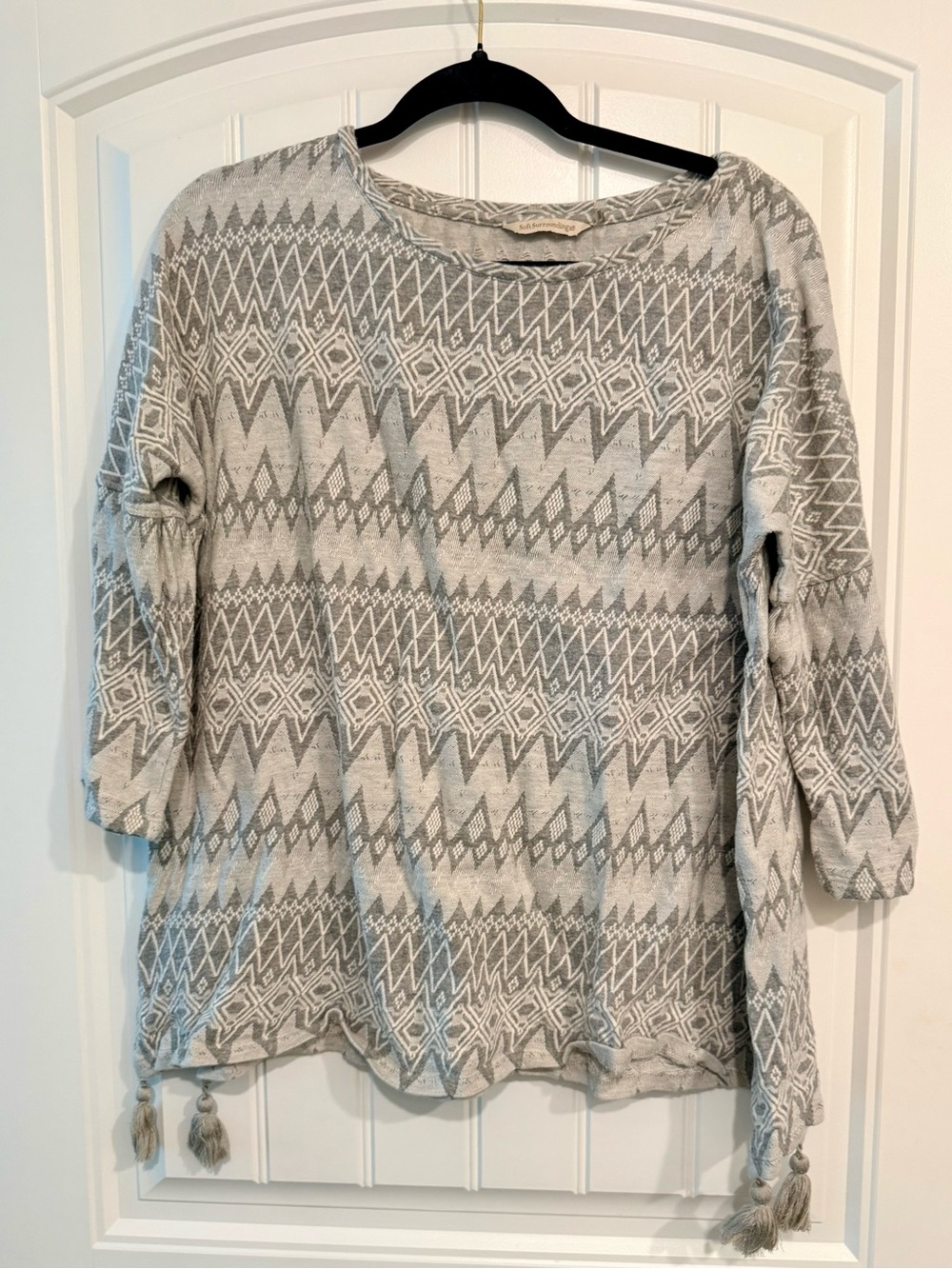 Cozy Gray Patterned Women's Sweater with Tassels Boho